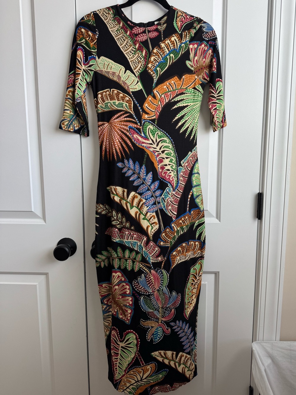 FARM Rio Tropical Leaf Stretch Bodycon Midi Dress | Size S